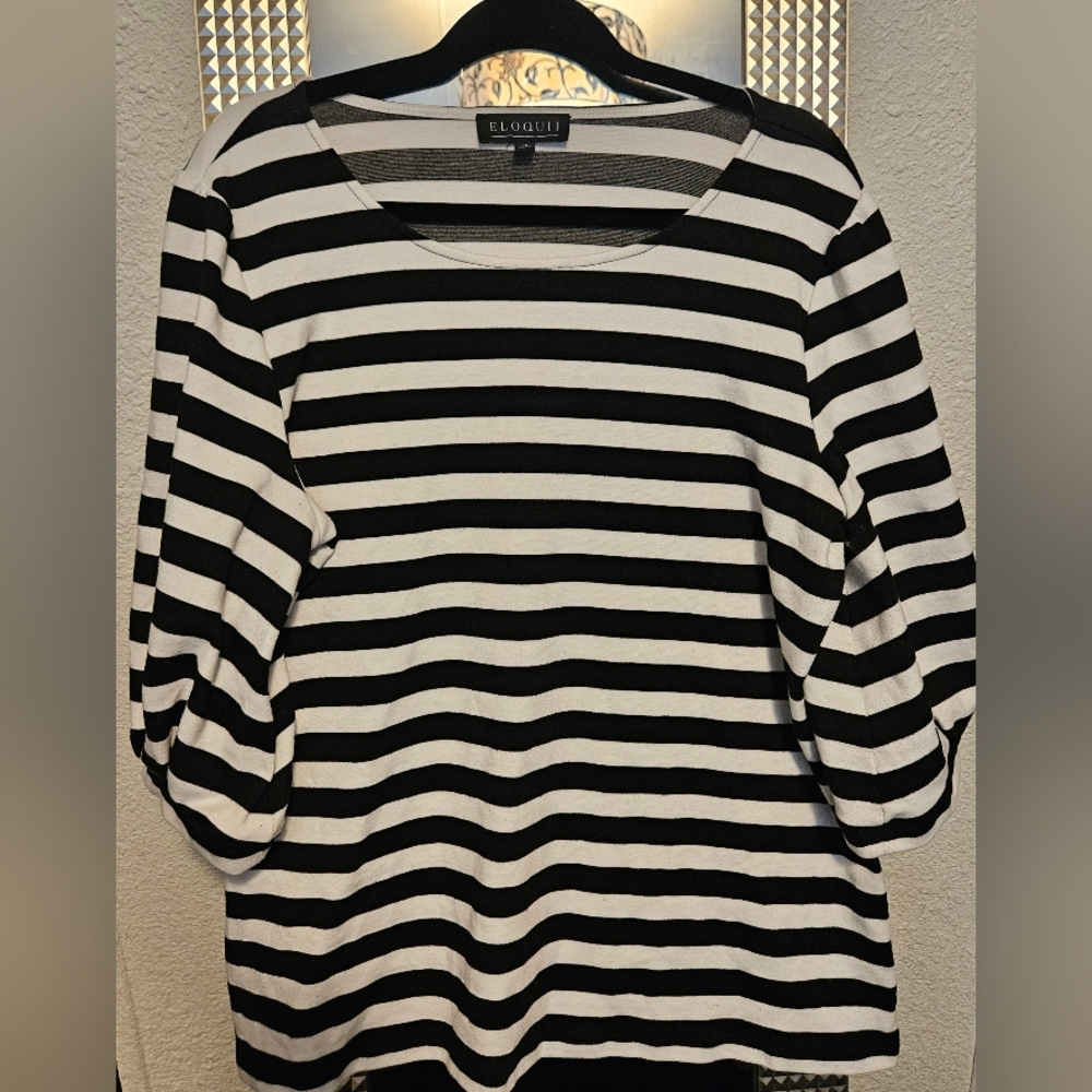Eloquii Monochrome Striped Puff Sleeve Top